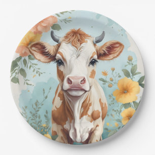 Cute Baby Animals Adorable Cow Calf Floral Paper Plate