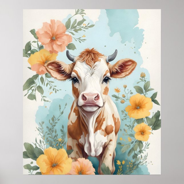 Cute Baby Animals | Adorable Cow Calf Floral Poster (Front)