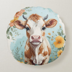 Cute Baby Animals Adorable Cow Calf Floral Round Cushion