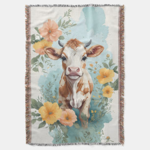 Cute Baby Animals   Adorable Cow Calf Floral Throw Blanket