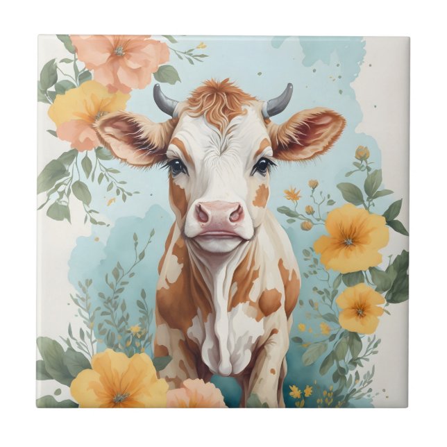 Cute Baby Animals | Adorable Cow Calf Floral Tile (Front)