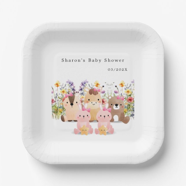 Cute Baby Animals and Wildflower | Baby Shower Paper Plate (Front)