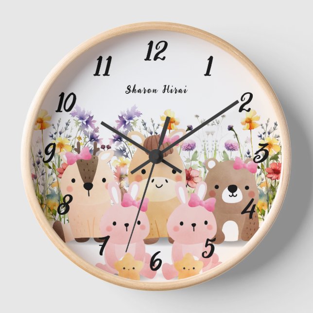 Cute Baby Animals and Wildflower Wall Clock (Front)