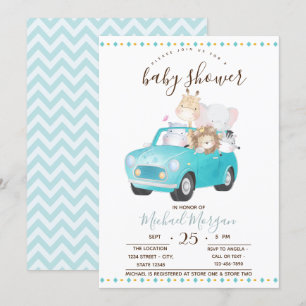 Cute Baby Animals Car,Zigzag Baby Shower Invitation