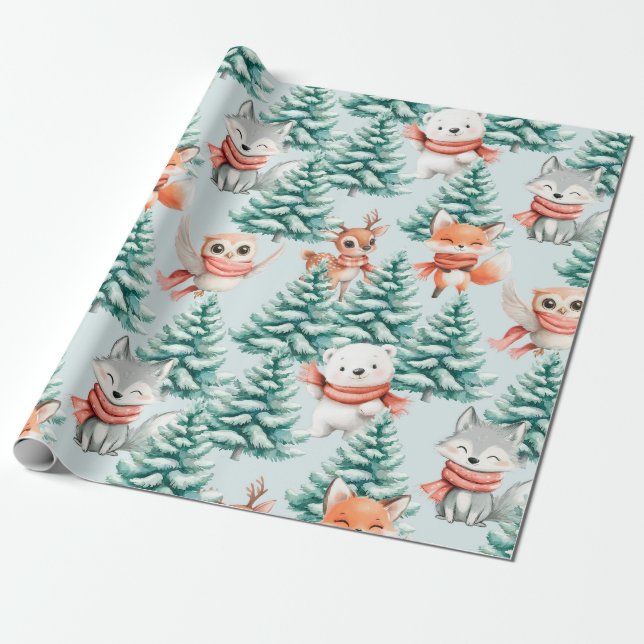 Cute Baby Animals Christmas Wrapping Paper (Unrolled)