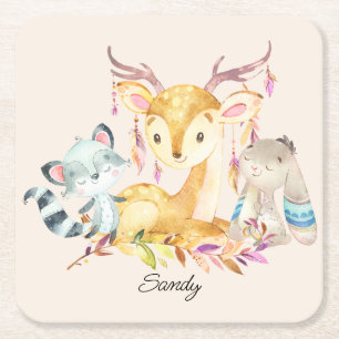 Cute Baby Animals Custom Name Gender Neutral Square Paper Coaster