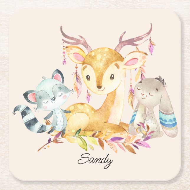 Cute Baby Animals Custom Name Gender Neutral       Square Paper Coaster (Front)
