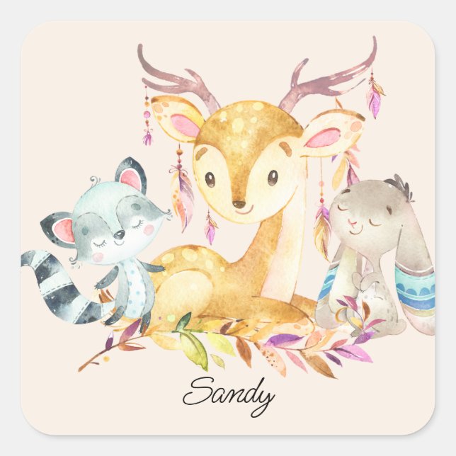 Cute Baby Animals Custom Name Gender Neutral    Square Sticker (Front)