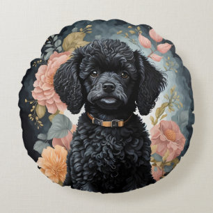 Cute Baby Animals   Cute Black Poodle Puppy Round Cushion