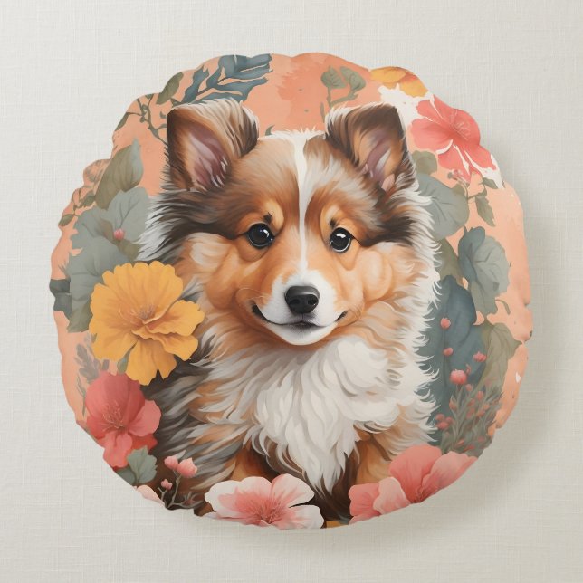 Cute Baby Animals | Cute Shetland Sheepdog Puppy Round Cushion (Front)