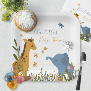 Cute Baby Animals Floral Baby Shower Square Paper Plate