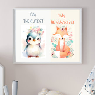 Cute Baby Animals Funny kids nursery Fox Penguin Poster