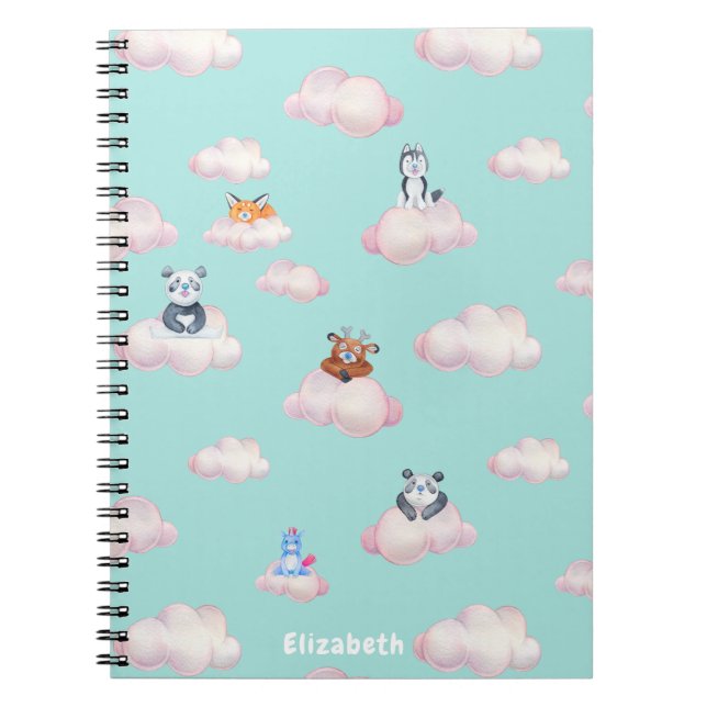 Cute Baby Animals On Clouds Monogram Notebook (Front)