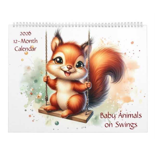 Cute Baby Animals on Swings 12 Months 2026 Calendar (Cover)