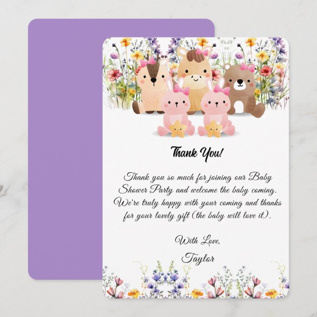 Cute Baby Animals & Wildflower Thank You Card (Front/Back)
