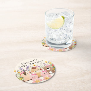 Cute Baby Animals & Wildflowers Baby Shower Round Paper Coaster