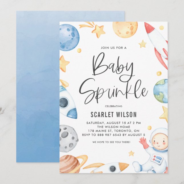 Cute Baby Astronaut Space Theme Baby Sprinkle Invitation (Front/Back)