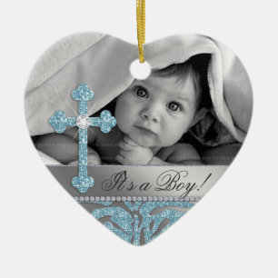 Cute Baby Baptism Cross Birth Announcement Zebra Ceramic Tree Decoration