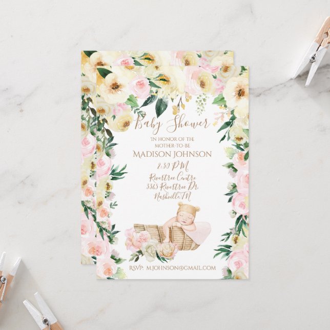 Cute Baby Basket Floral Baby Shower Invitation (Front/Back In Situ)