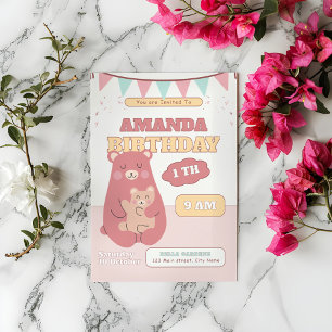 Cute Baby Bear 1st Birthday Invitation