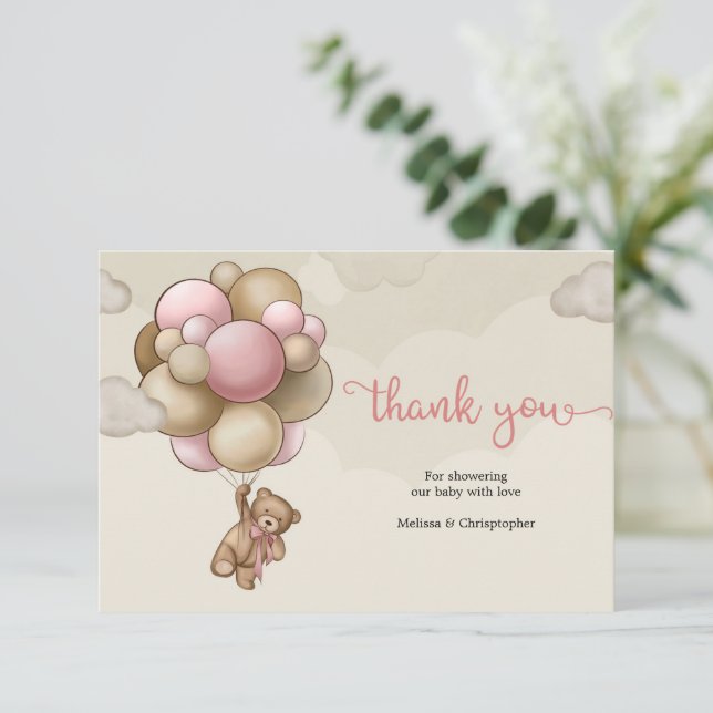 Cute baby bear balloons brown pink beige thank you enclosure card (Standing Front)
