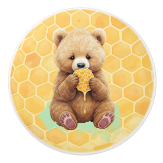 Cute Baby Bear Cup eating Honey Ceramic Knob