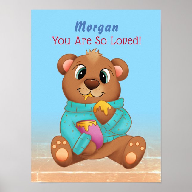 Cute Baby Bear Eating Honey Child's Name & Message Poster (Front)
