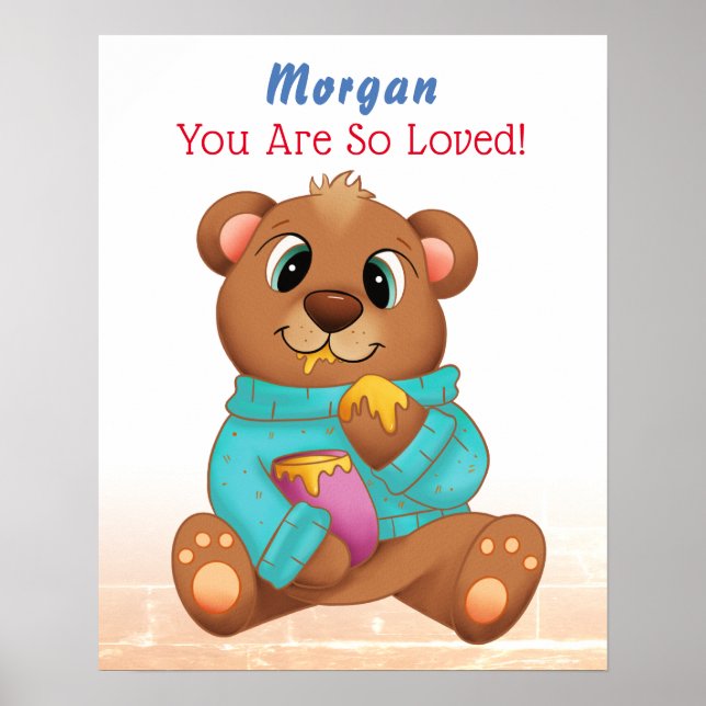 Cute Baby Bear Eating Honey Child's Name & Message Poster (Front)