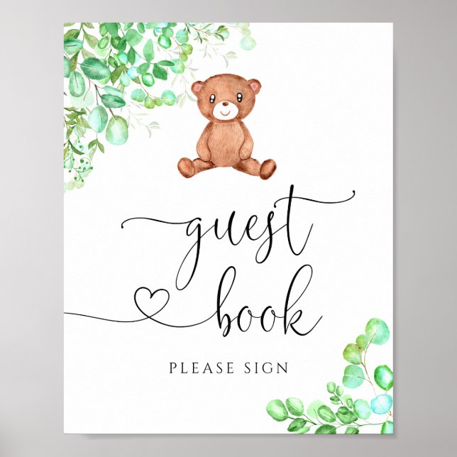 Cute baby bear eucalyptus baby shower guest book (Front)