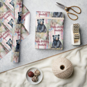 Cute Baby Bear Girl Personalised Birthday Wrapping Paper