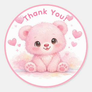 Cute Baby Bear Girl Pink Birthday Classic Round Sticker