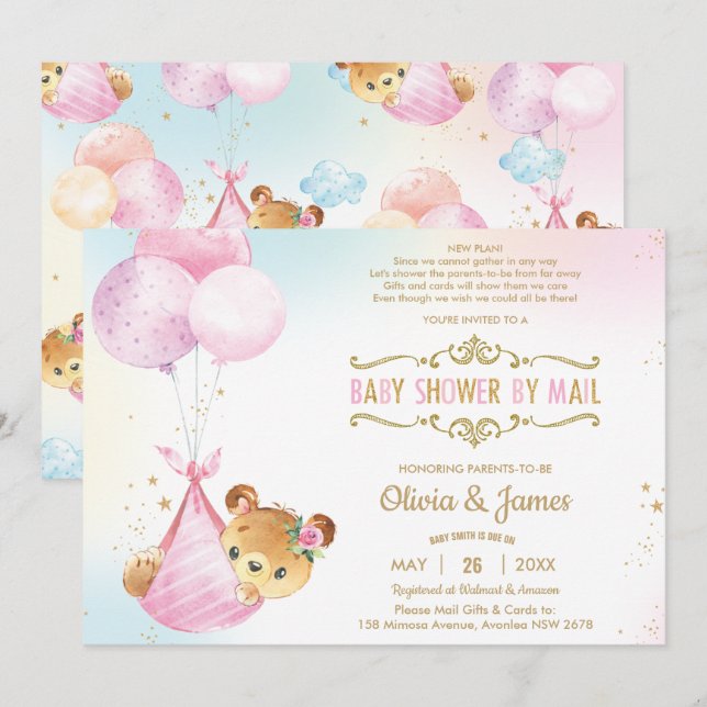 Cute Baby Bear Girl Virtual Baby Shower by Mail Invitation (Front/Back)