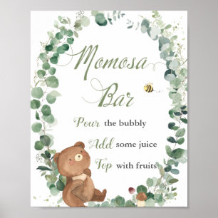Cute Baby Bear Greenery Baby Shower Momosa Bar Poster