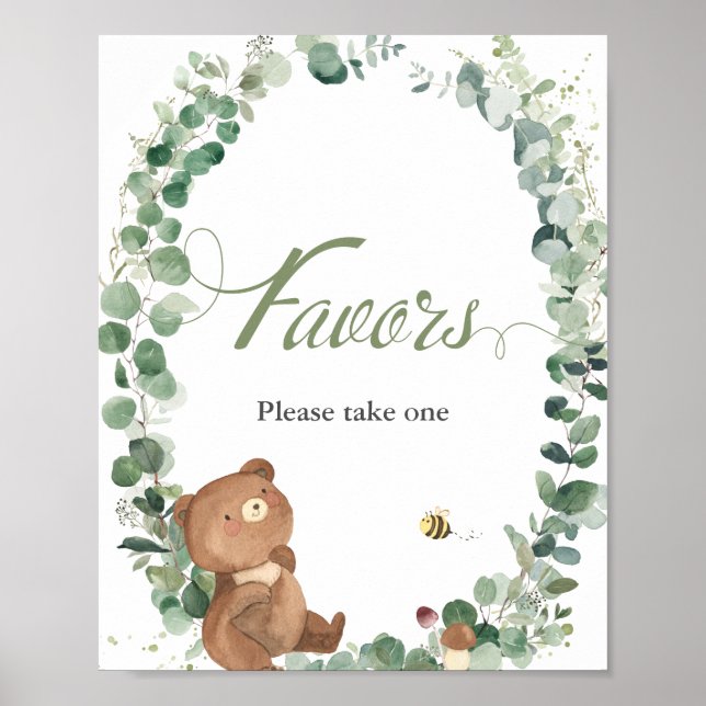 Cute Baby Bear Greenery Favours Please Take One  Poster (Front)