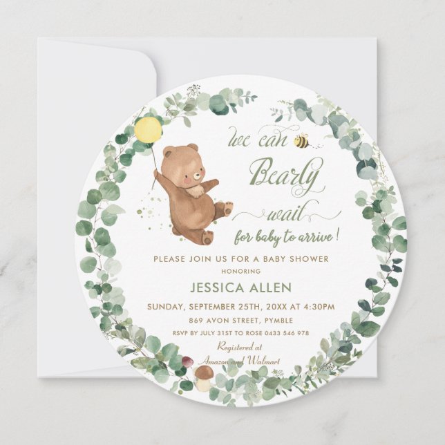 Cute Baby Bear Greenery Gender Neutral Baby Shower Invitation (Front)