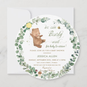 Cute Baby Bear Greenery Gender Neutral Baby Shower Invitation