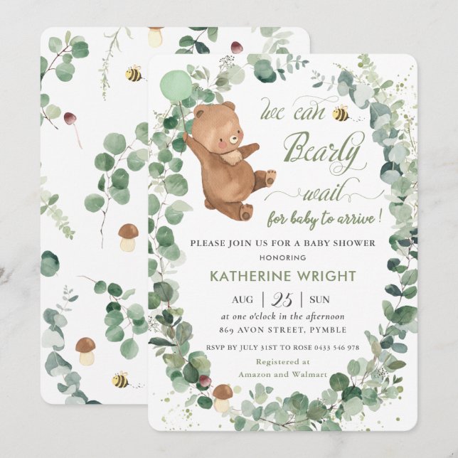 Cute Baby Bear Greenery Gender Neutral Baby Shower Invitation (Front/Back)