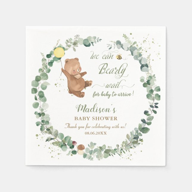Cute Baby Bear Greenery Gender Neutral Baby Shower Napkin (Front)
