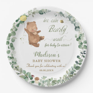 Cute Baby Bear Greenery Gender Neutral Baby Shower Paper Plate