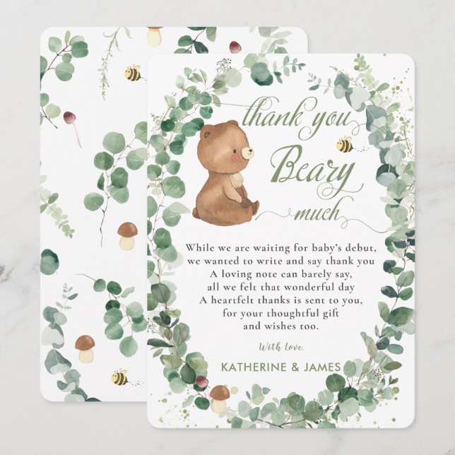  Cute Baby Bear Greenery Gender Neutral Shower   T Thank You Card (Front/Back)
