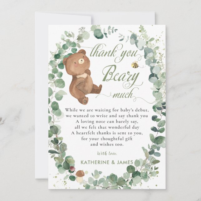  Cute Baby Bear Greenery Gender Neutral Shower   Thank You Card (Front)
