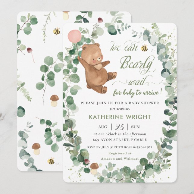 Cute Baby Bear Greenery Girl Baby Shower Invitation (Front/Back)