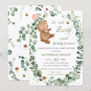 Cute Baby Bear Greenery Girl Baby Shower Invitation