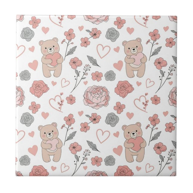 Cute Baby Bear Hearts Pattern Tile (Front)