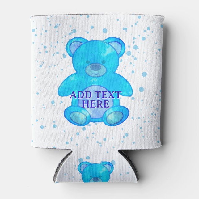Cute Baby Bear In Blue Custom Text Can Cooler (Front)