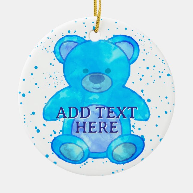Cute Baby Bear In Blue Custom Text Ceramic Tree Decoration (Front)