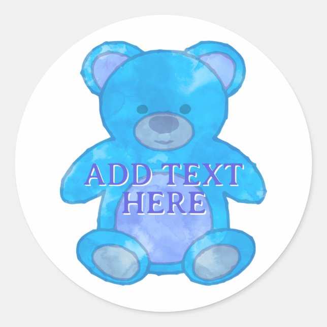 Cute Baby Bear In Blue Custom Text Classic Round Sticker (Front)