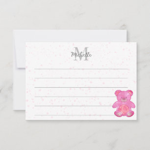Cute Baby Bear In Pink Custom Lined Monogram  Card