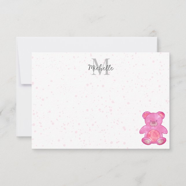 Cute Baby Bear In Pink Custom Monogram  Card (Front)