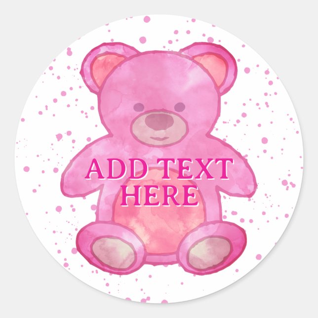 Cute Baby Bear In Pink Custom Text Classic Round Sticker (Front)